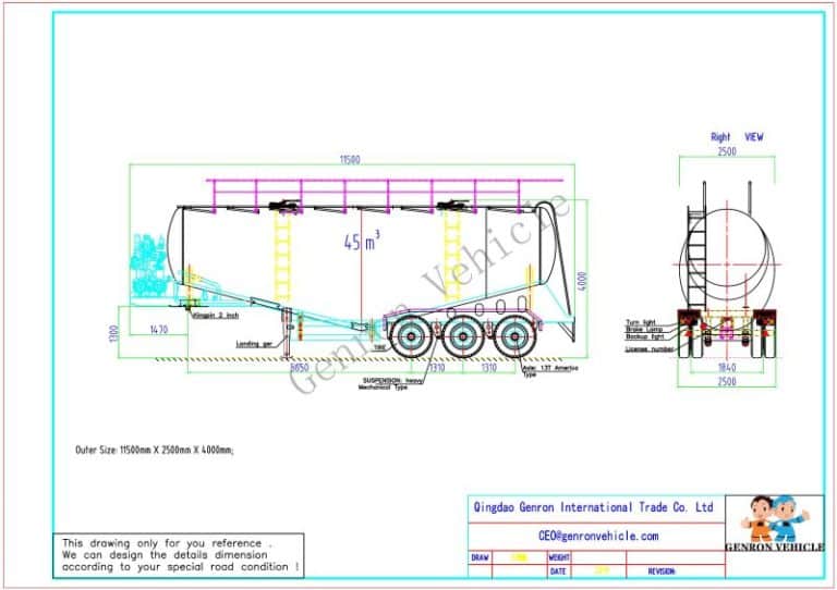 3 axle 45 CBM 60 tonne bulk cement tanker design drawing