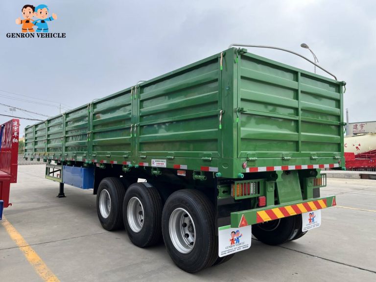 Close-up of Genron Side Door Semi Trailer's wheels and suspension system